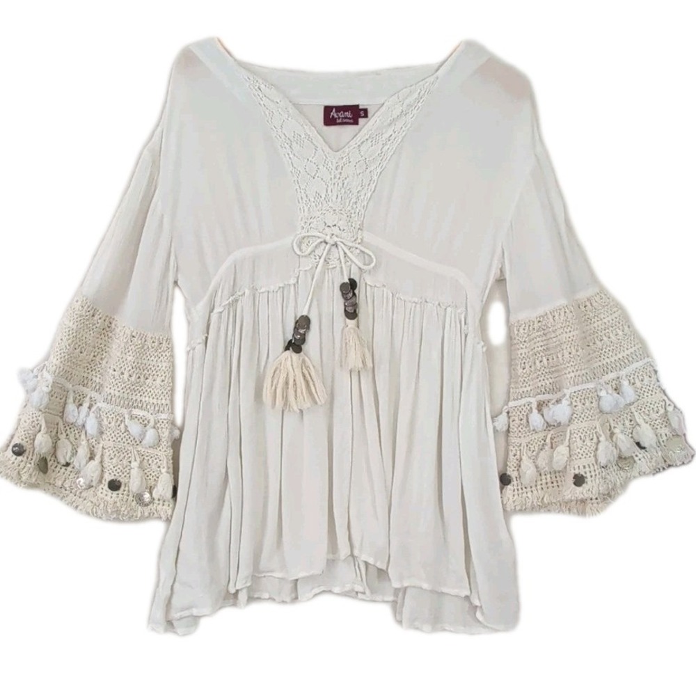 Avani Del Amour Babydoll Top Womens S Cream‎ Wide Crochet Sleeve Boho Festival